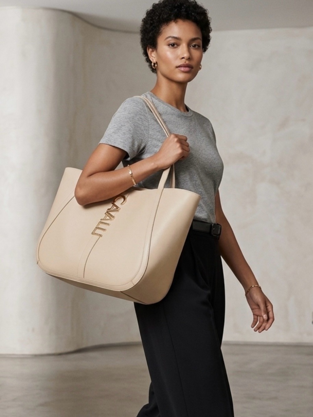 Cavalli Class Beige Faux Leather Shopper Tote